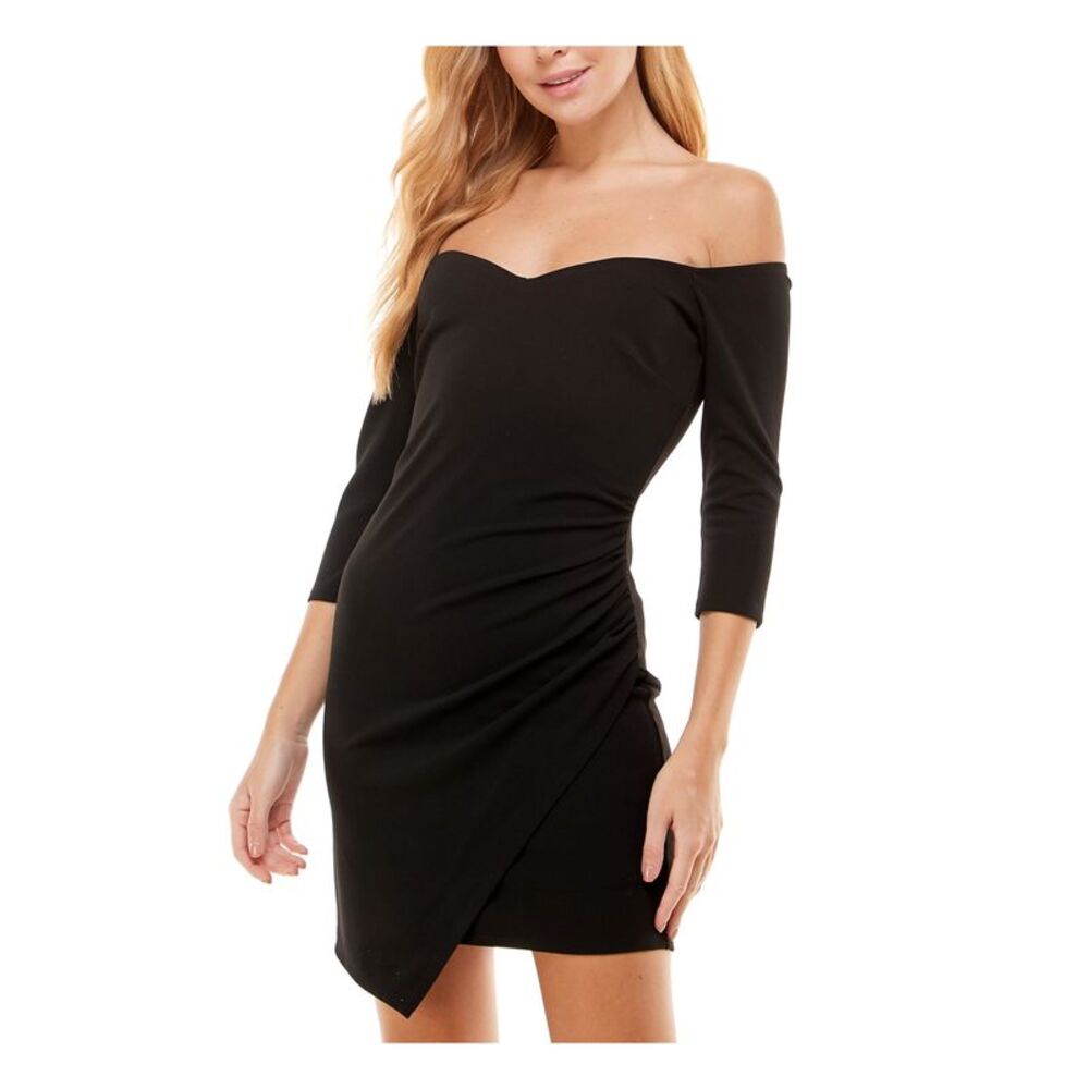 CRYSTAL DOLLS Womens Black Scuba Crepe Asymmetric-hem Short Dress 3